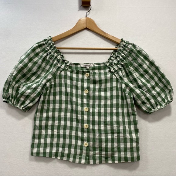 Madewell Linen-Cotton Gingham Puff Sleeve Top Green White Square Neck Blouse S - Picture 3 of 14